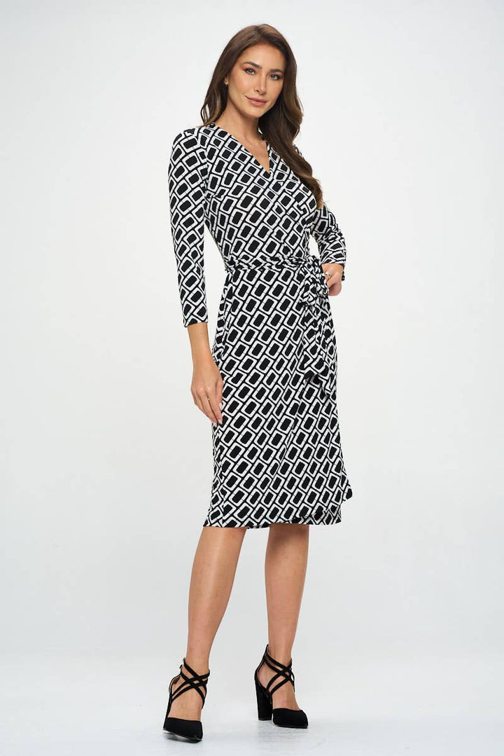 GEOMETRIC PRINT JERSEY WRAP DRESS - BLACK