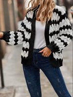 SCALLOP PATTERNED OPEN KNIT CARDIGAN - BLACK + WHITE