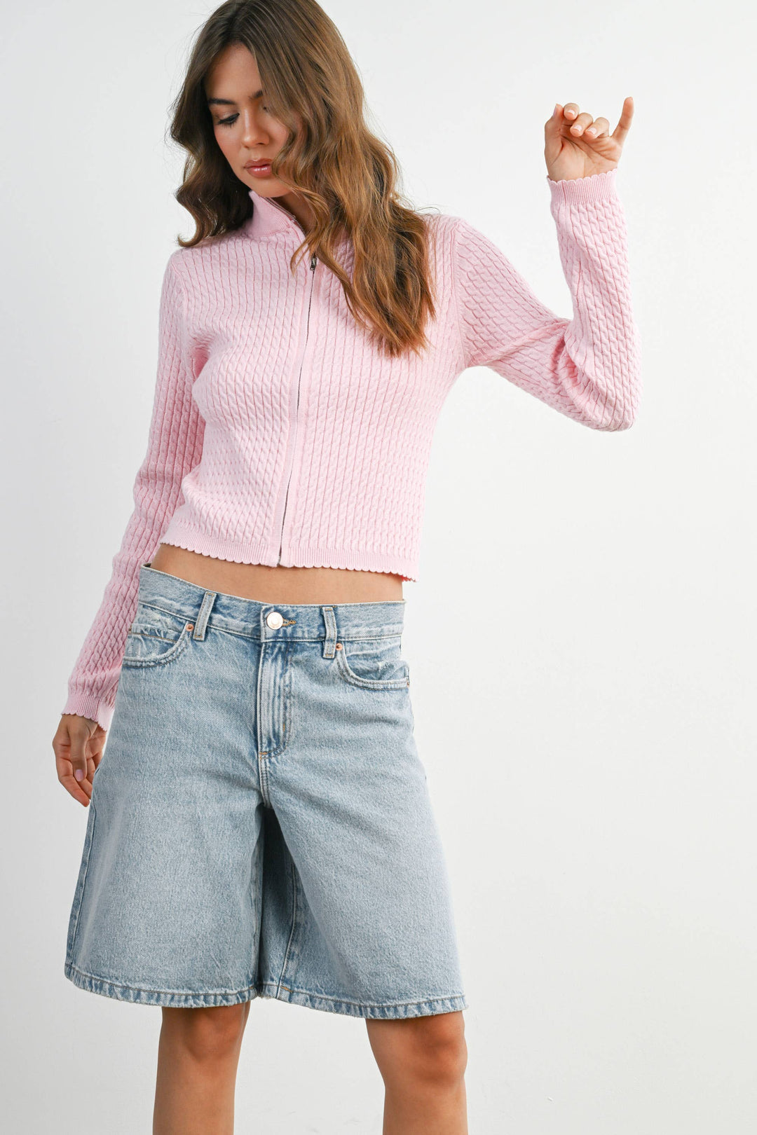 ZIP UP LONG SLEEVE MOCK NECK CARDI - PETAL PINK