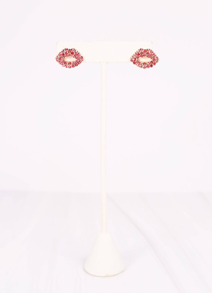 PUCKER UP CZ LIP EARRINGS - PINK