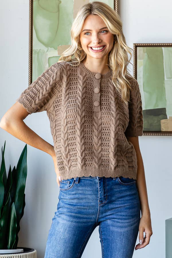 CABLE KNIT CROCHET SHORT SLEEVE SWEATER TOP - TAN