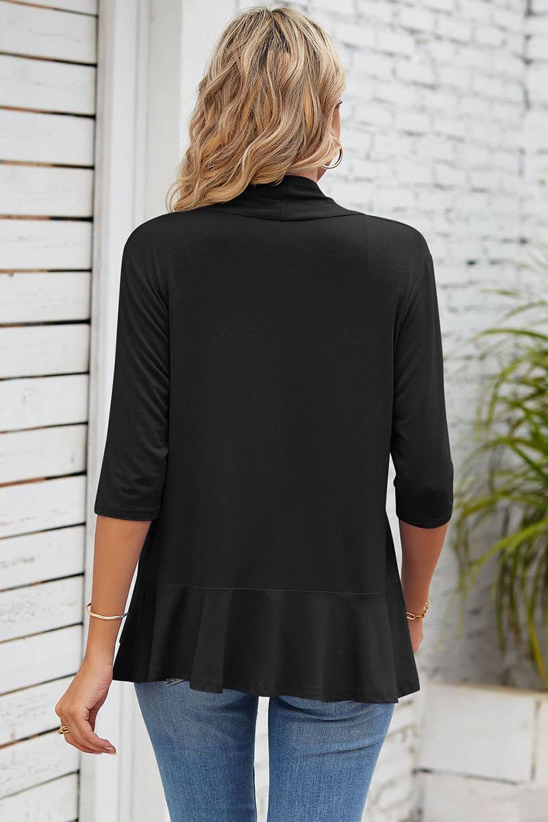 QUARTER SLEEVE RUFFLED FRONT OPEN CARDIGAN - BLACK