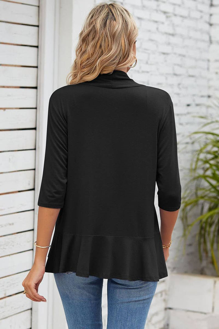 QUARTER SLEEVE RUFFLED FRONT OPEN CARDIGAN - BLACK