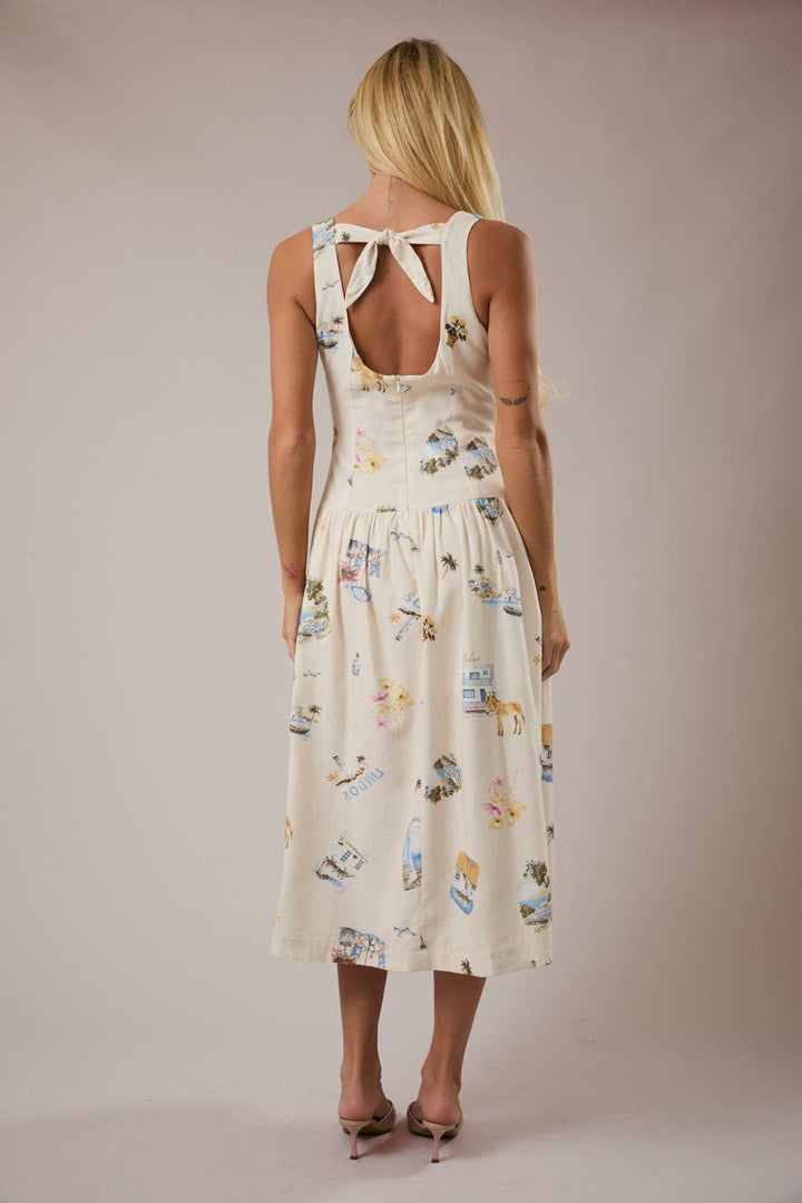 BOAT NECK SLEEVELESS DROP WAIST MIDI DRESS - CREAM MULTI