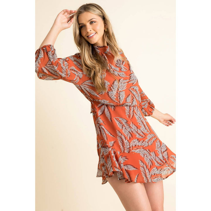 GEO PRINT MINI DRESS - BURNT SIENNA