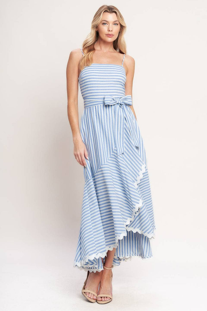 STRIPED FAUX WRAP RIC RAC MIDI DRESS - BLUE + WHITE