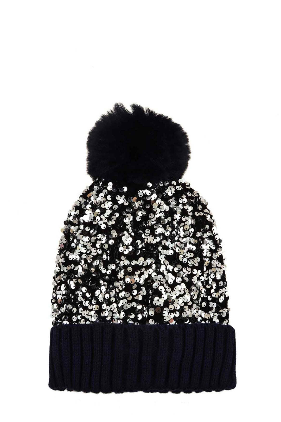 SEQUIN POM BEANIE HAT - BLACK