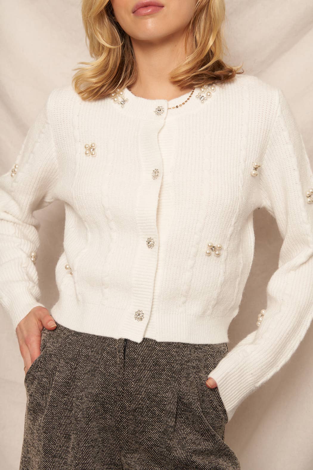 PEARL + JEWEL BEADED SWEATER CARDIGAN - WINTER WHITE