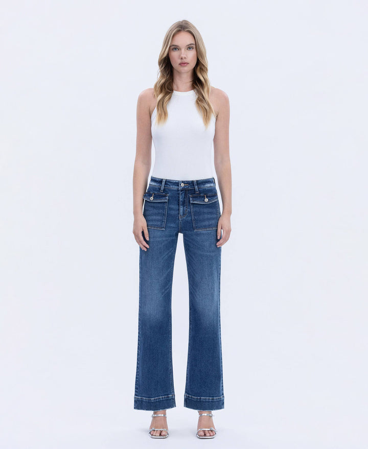HIGH RISE TROUSER HEM VINTAGE FLARE JEANS - DARK WASH