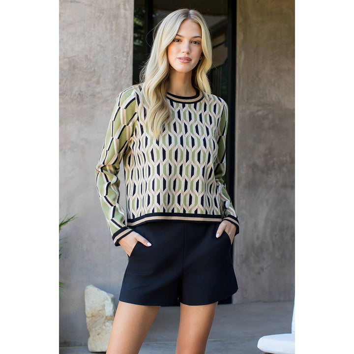 RETRO PATTERNED KNIT SWEATER - AVOCADO GREEN