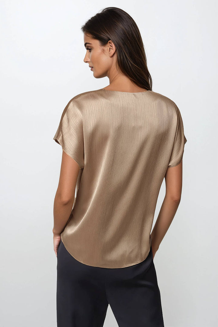 PLEATED CAP SLEEVE CRINKLE SATIN BLOUSE - TAUPE