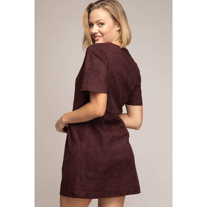 VEGAN SUEDE BODYCON BUTTON DOWN MINI DRESS - WINE