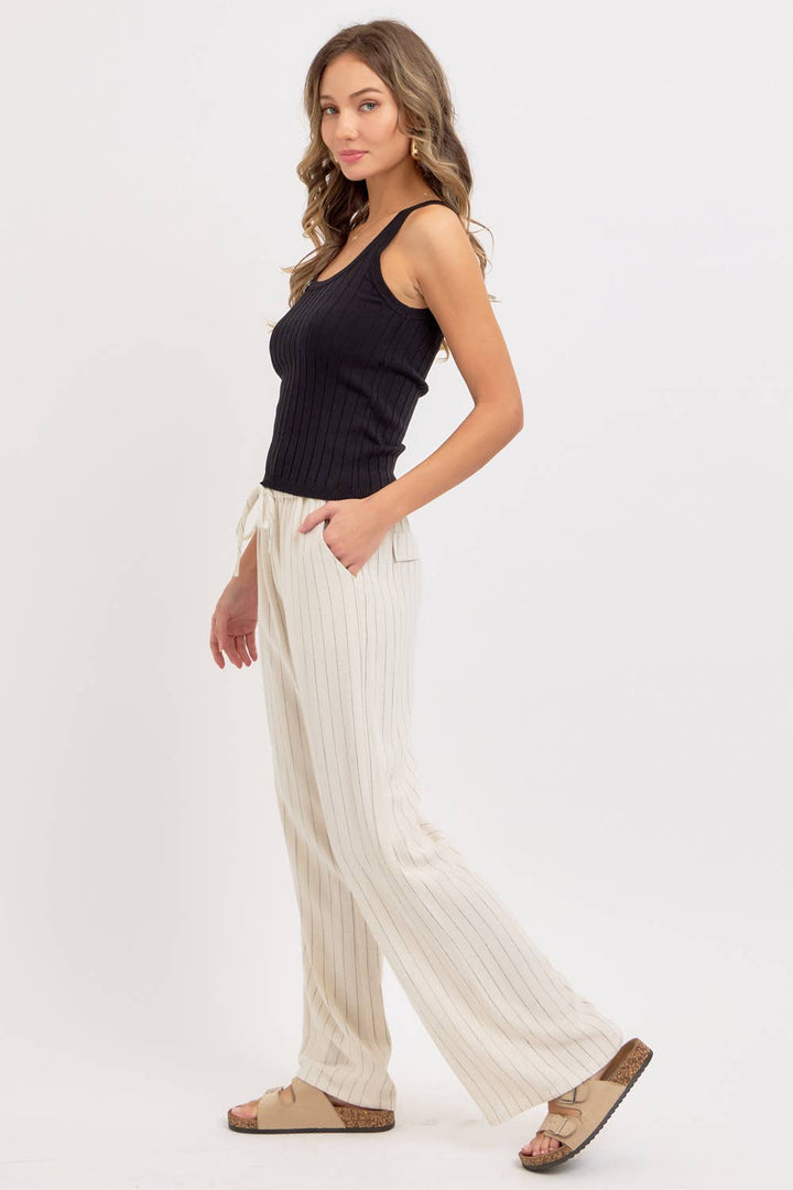 LINEN BLEND STRIPED  PULL ON PANTS - OATMEAL