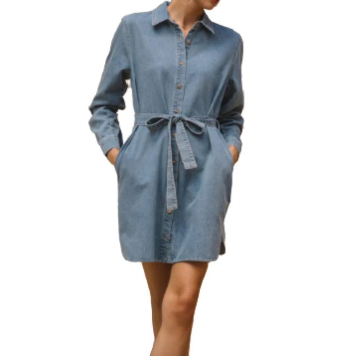 BLUE WASHED BUTTON DOWN SHIRTDRESS - BLUE