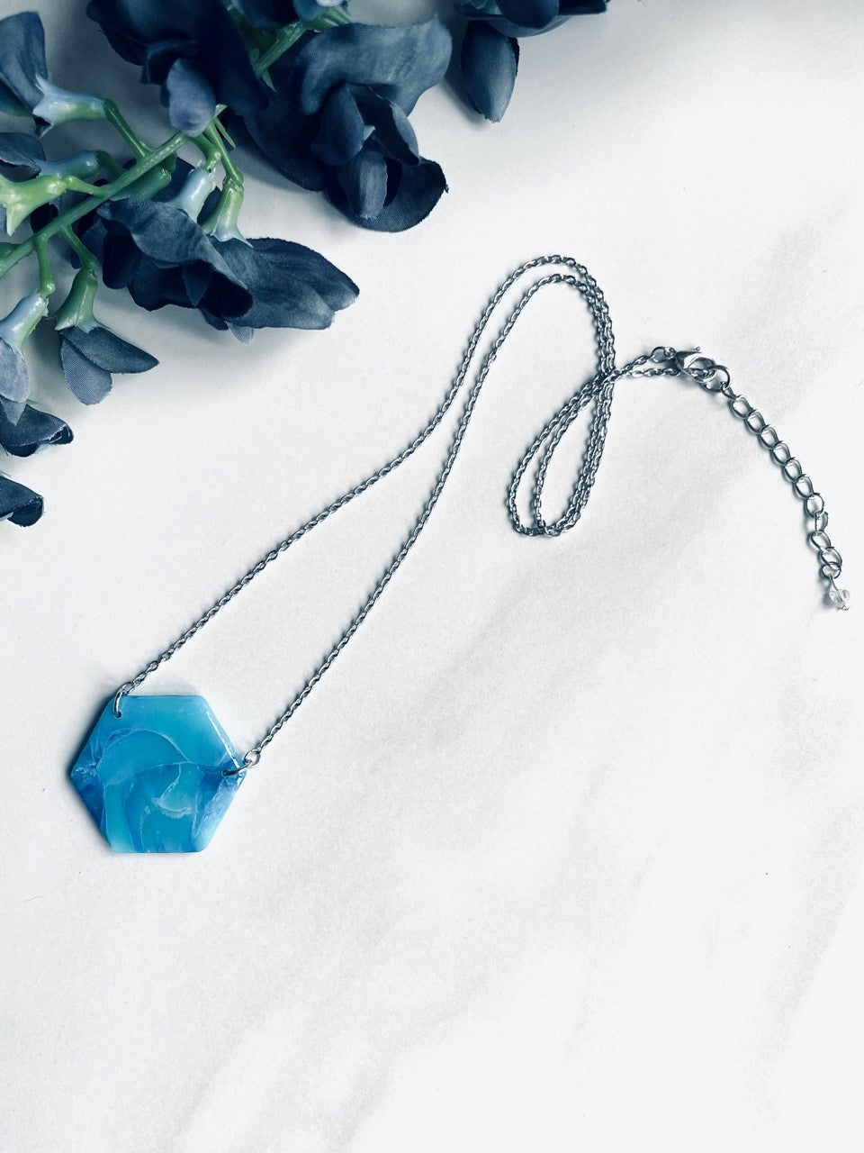 OCEAN BLUE MARBLE HEXAGON 20" SILVER NECKLACE BY LAUREN ASHLEE