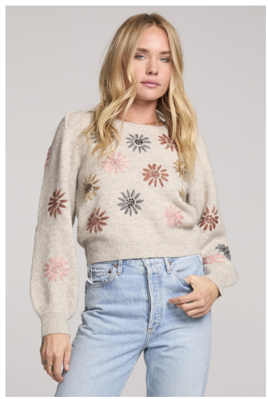 VALERIA FLORAL STITCHED SWEATER - OATMEAL