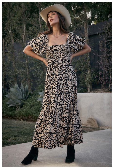 EVRA LEAF PRINT MAXI DRESS - BLACK