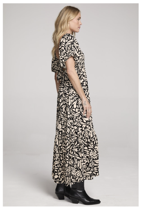 EVRA LEAF PRINT MAXI DRESS - BLACK