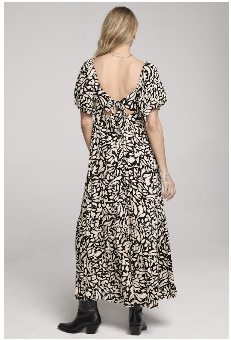 EVRA LEAF PRINT MAXI DRESS - BLACK