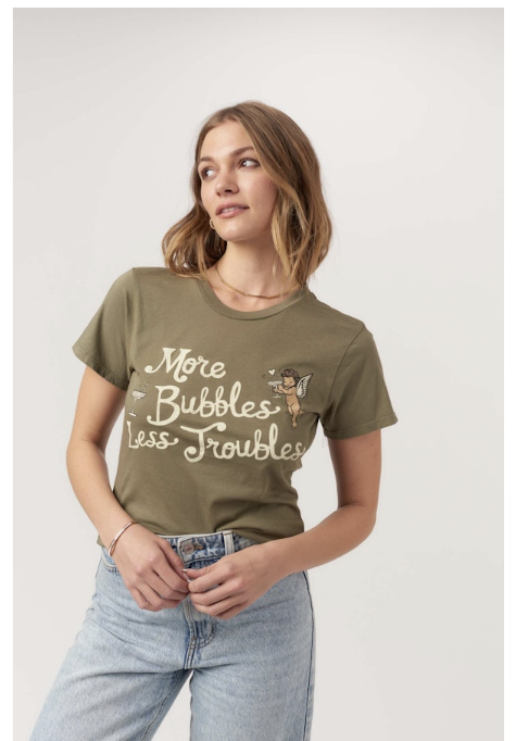 MORE BUBBLES LESS TROUBLES TEE - OLIVE