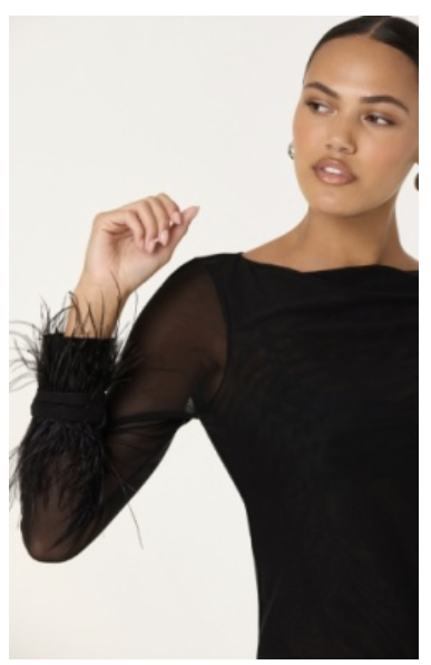 BRISA FEATHERED SLEEVE TOP - BLACK