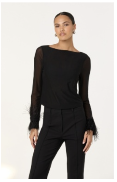 BRISA FEATHERED SLEEVE TOP - BLACK