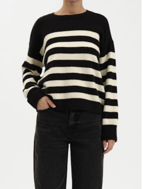CARLYLE CREWNECK STRIPED SWEATER - BLACK + IVORY