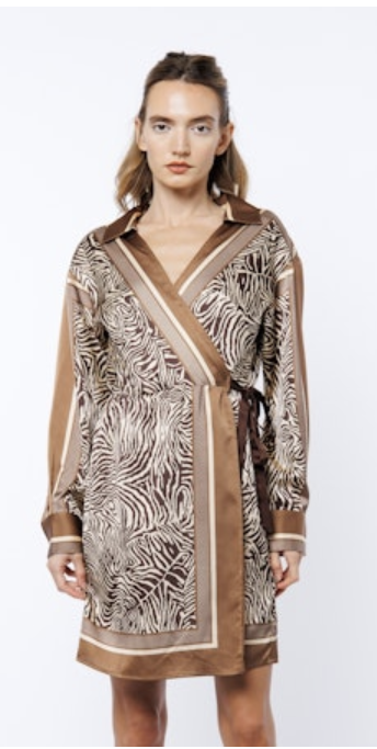 CLEMMIE DROP SHOULDER MINI WRAP DRESS - BROWN MULTI