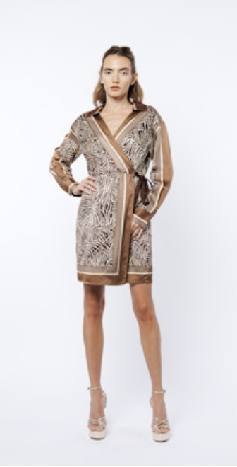 CLEMMIE DROP SHOULDER MINI WRAP DRESS - BROWN MULTI