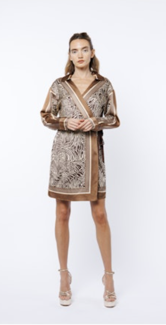 CLEMMIE DROP SHOULDER MINI WRAP DRESS - BROWN MULTI