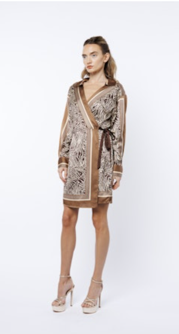 CLEMMIE DROP SHOULDER MINI WRAP DRESS - BROWN MULTI