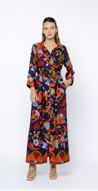 DOLLY LONG SLEEVE SHIRT DRESS - NAVY MULTI