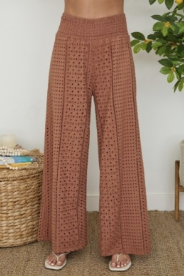 HIGH RISE EYELET WIDE LEG PANT - CAMEL