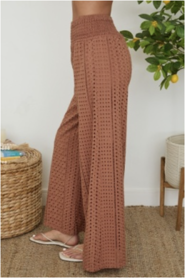 HIGH RISE EYELET WIDE LEG PANT - CAMEL