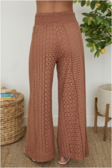 HIGH RISE EYELET WIDE LEG PANT - CAMEL