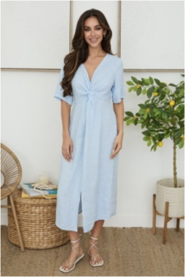 FRONT TWIST LINEN DRESS WITH FRONT SLIT - SKY BLUE