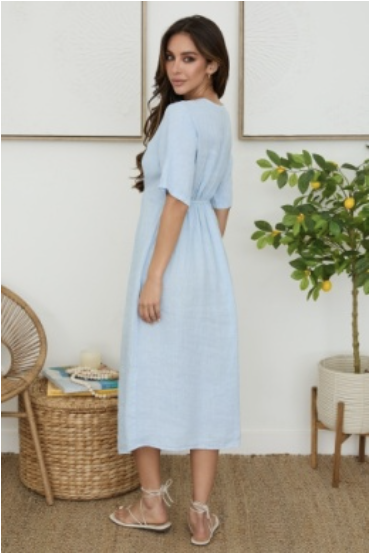 FRONT TWIST LINEN DRESS WITH FRONT SLIT - SKY BLUE