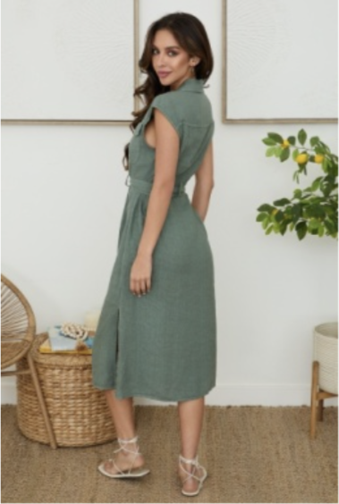SLEEVELESS LINEN DRESS W/TIE BELT - ARMY GREEN