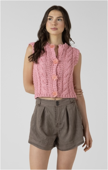 FLORAL BUTTON CABLE SWEATER VEST - CANDY PINK
