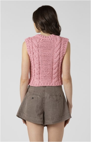 FLORAL BUTTON CABLE SWEATER VEST - CANDY PINK