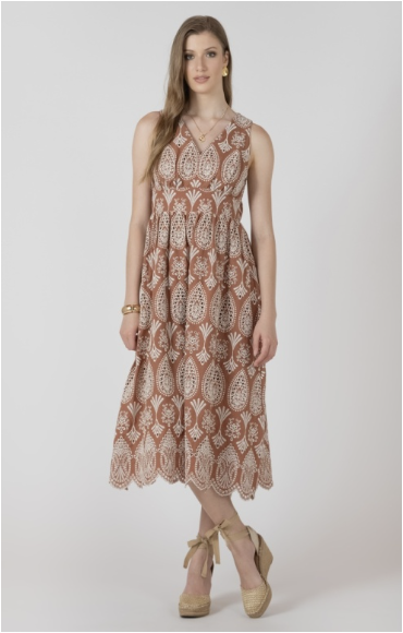 V-NECK EYELET TANK DRESS - SANDY BEIGE