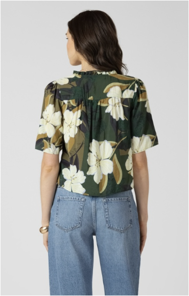 BUTTON FRONT PALM BLOSSOM RUFFLE TRIM BLOUSE - HUNTER GREEN