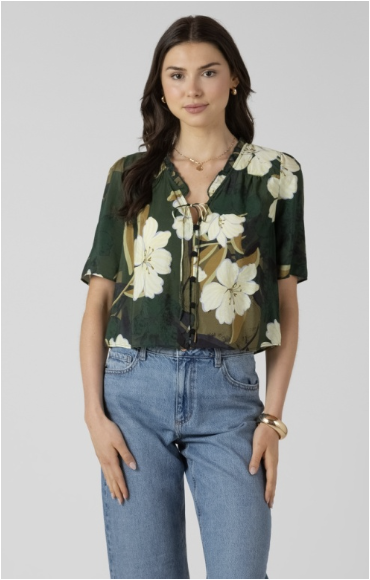 BUTTON FRONT PALM BLOSSOM RUFFLE TRIM BLOUSE - HUNTER GREEN
