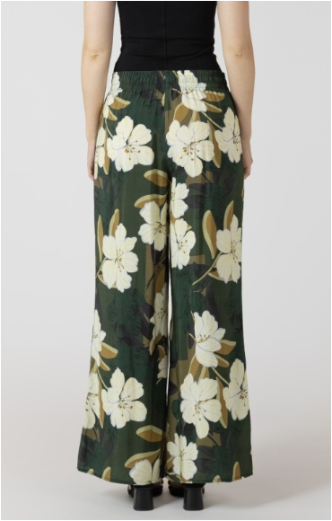 WIDE LEG FLOWY PALM BLOSSOM PANT - HUNTER GREEN