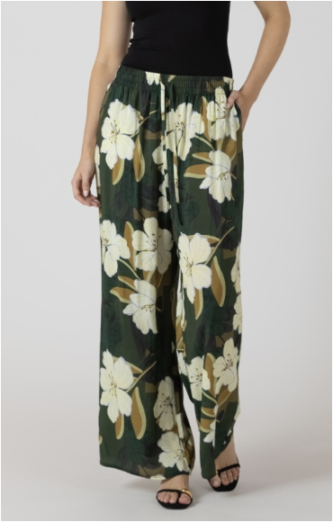 WIDE LEG FLOWY PALM BLOSSOM PANT - HUNTER GREEN