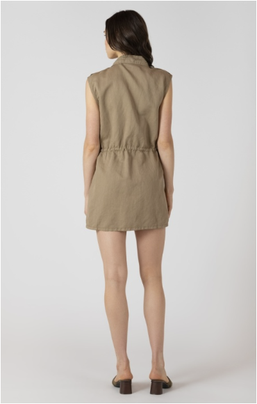 UTILITY DRAWSTRING WAIST WOVEN MINI DRESS - MUSHROOM