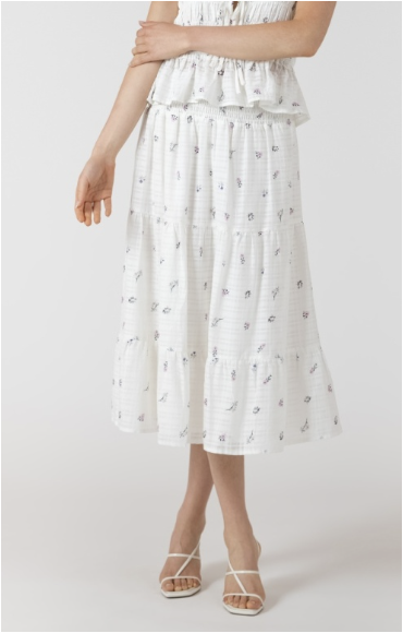 SMOCKED WAIST DAINTY ROSE MIDI SKIRT - WHITE