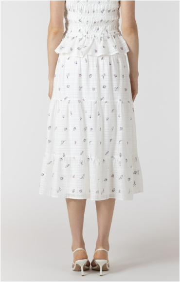 SMOCKED WAIST DAINTY ROSE MIDI SKIRT - WHITE