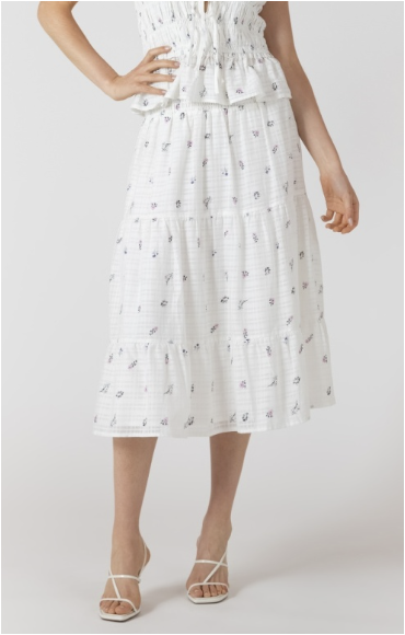 SMOCKED WAIST DAINTY ROSE MIDI SKIRT - WHITE