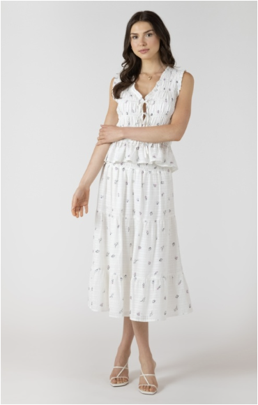SMOCKED WAIST DAINTY ROSE MIDI SKIRT - WHITE